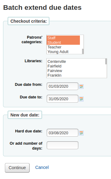 A screenshot of the Batch extend due dates screen