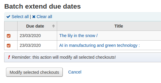 A screenshot of the Batch extend due dates screen after modification