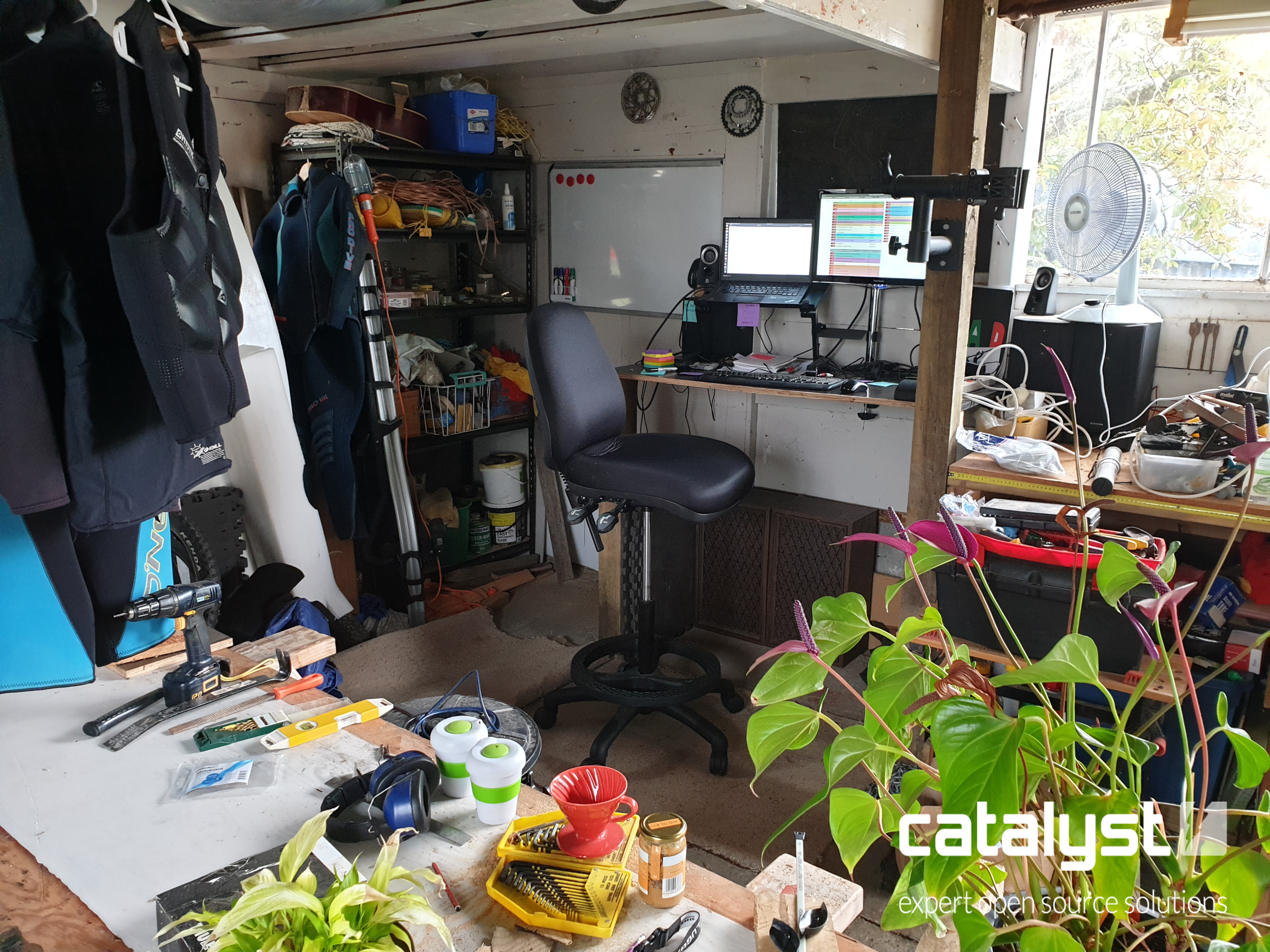 Alan's home made desk set up in his garage