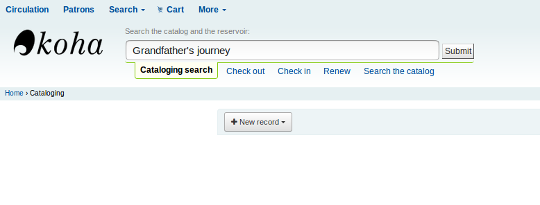 Cataloguing search bar with text 'Grandfather's journey' entered ready to push 'submit' to search