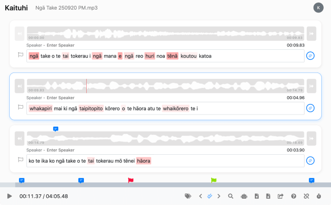Screenshot of Kaituhi displaying a te reo Māori transcription
