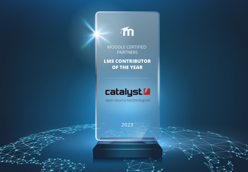 An award with Moodle Certified Partners LMS Contributor of the Year 2023 on it.  With the Catalyst logo, that says open source technologists, ontop of an outline a digitial outline of the globe.