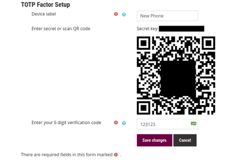 A screenshot of the &#x27;TOTP Factor Setup&#x27; screen where you can save a new device for 2FA. The screenshot shows a QR to scan, where to enter the 6 digit verfication code and how to save changes