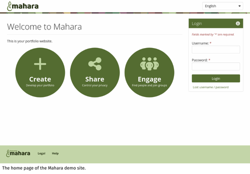The home page of the Mahara demo site.
