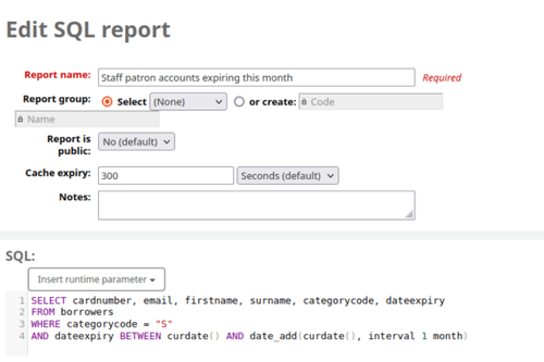 A Koha SQL report with the name ‘Staff patron accounts expiring this month’