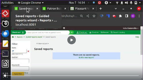 A screenshot of Koha tabs. Each tab lists what page is opened. A mouse hovers over a tab that reads ‘saved reports > guided reports wizard’