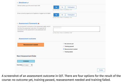 A screenshot of an assessment outcome in OJT. There are four options for the result of the course  no outcome yet, training passed, reassessment needed and training failed.