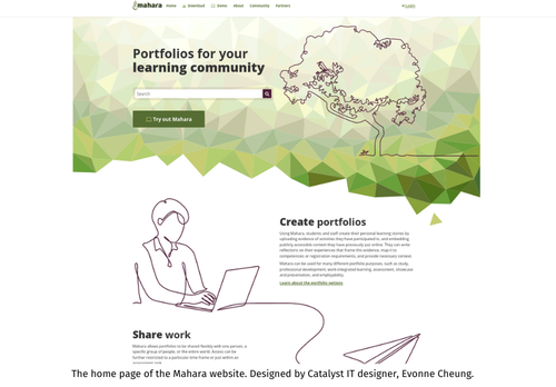 The home page of the Mahara website. Designed by Catalyst IT designer, Evonne Cheung.