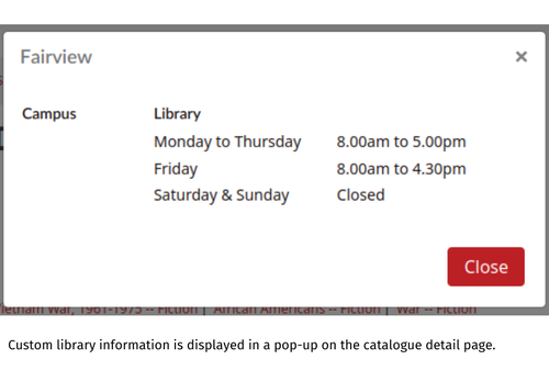 Custom library information is displayed in a pop-up on the catalogue detail page