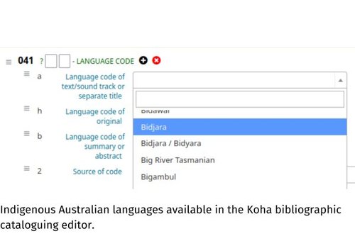 Indigenous Australian languages available in the Koha bibliographic cataloguing editor