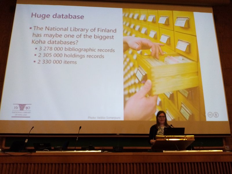 Inkeri Hakulinen from the National Library of Finland speaking on the huge Koha database that their Koha instance has.