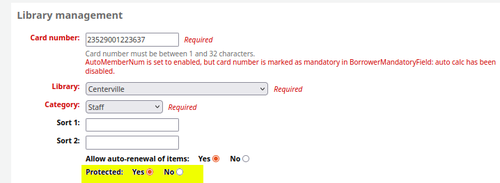 The new ‘Protected’ checkboxes – under the ‘Library management’ section - are highlighted yellow and the ‘Yes’ checkbox is selected.