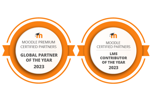 Catalyst IT: Moodle Premium Certified Partners: Global Partner of the Year 2023” Catalyst IT: Moodle Premium Certified Partners LMS Contributor of the Year 2023” inside of award banners