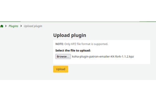 Upload plugin page in the Koha Administration module. The Koha patron emailer plugin kpz file has been uploaded and the form is ready to be submitted