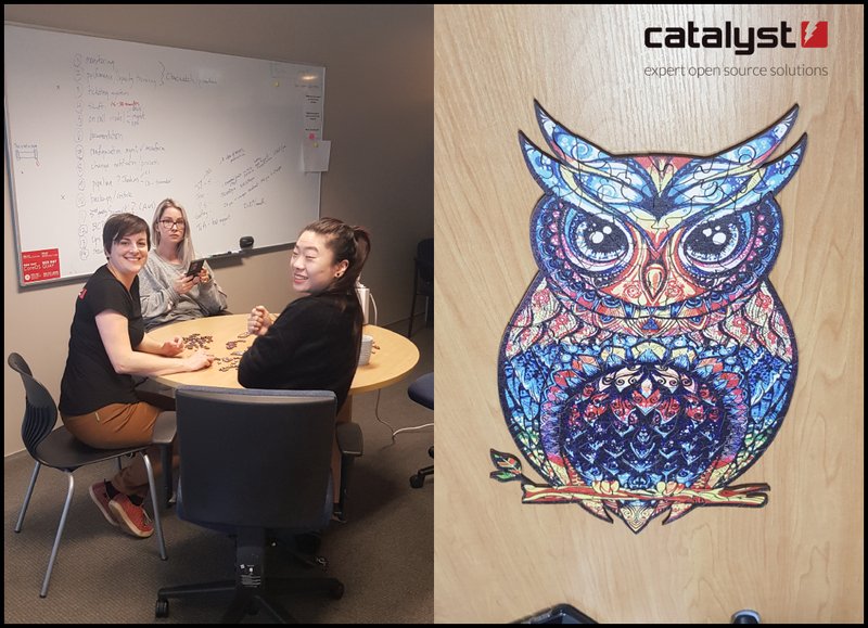 A group of people are sitting around a table smiling and working on a jigsaw. Also a close up of the finished jigsaw, a colourful stylised owl.