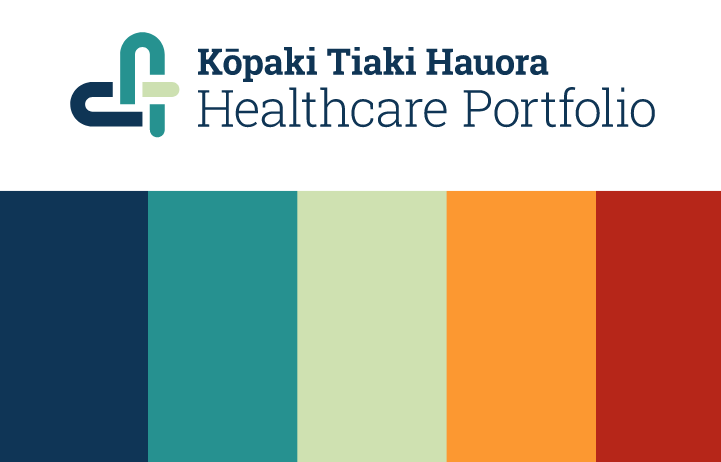 Kōþaki Tiaki Hauora Healthcare Porfolio&#x27;s new logo, including a woven heart and the design colours