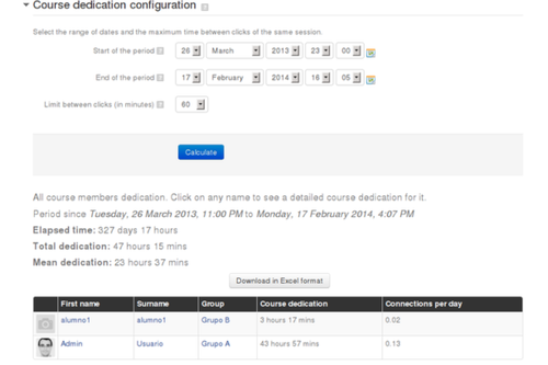 A screenshot of &#x27;Course dedication&#x27;s configuration screen&#x27;, where the range of dates and the maximum time between clicks of the session can be selected. Below shows a table that presents a list of students and their course dedication results.