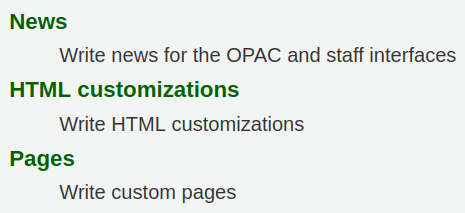 News, HTML customisations and Pages tools