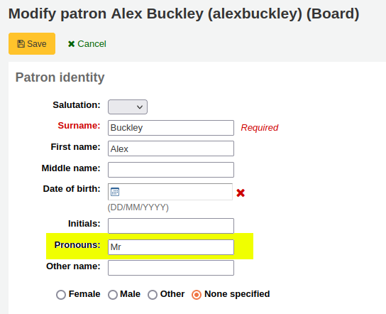 New ‘Pronoun’ field highlighted yellow in the OPAC personal details page
