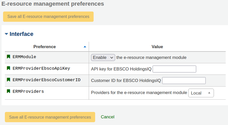 FourERM system preferences in the ‘E-resource management preferences’ page
