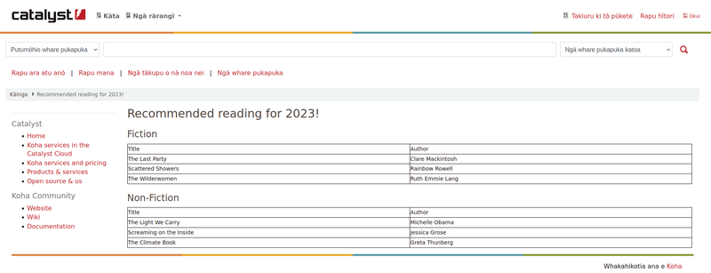 Custom ‘Recommended reading for 2023’ page content, including tables of titles and authors displaying with the OPAC styling, header, footer and additional contents (‘OpacNav’ HTML customisation).