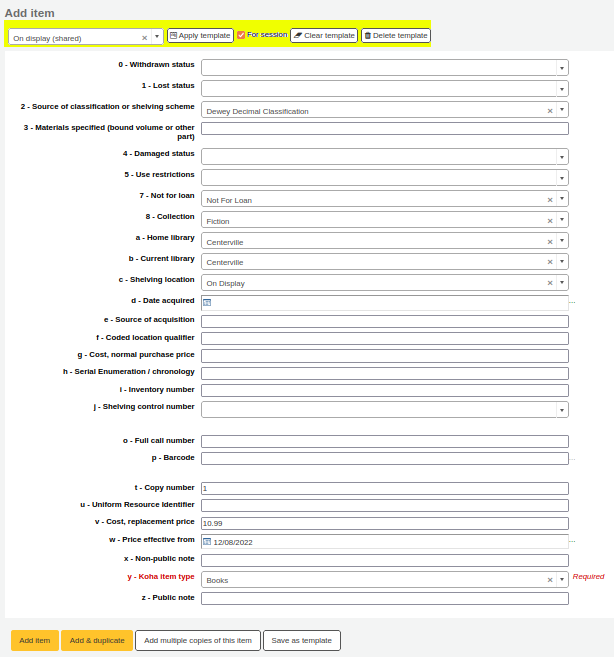 Template dropdown,’Apply template’ button and ‘For session’ checkbox highlighted yellow above a empty ‘Add item’ form.