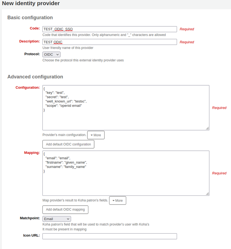 ‘New identity provider’ page with a code, description, configuration and mapping fields containing content. The ‘Protocol’ dropdown set to ‘OIDC’ and the ‘Matchpoint’ dropdown set to ‘Email’