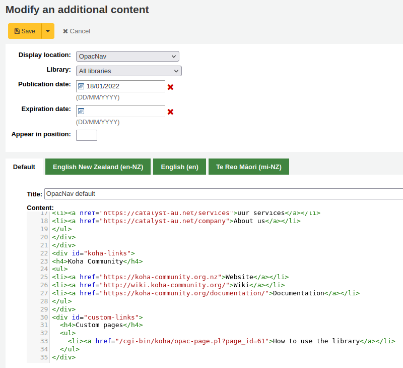 Example of linking custom page as an OpacNav HTML customisation