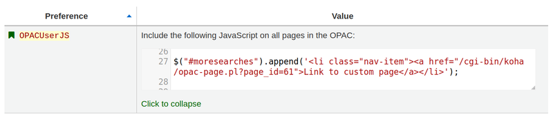 Example of linking custom page in OPACUserJS system preference.