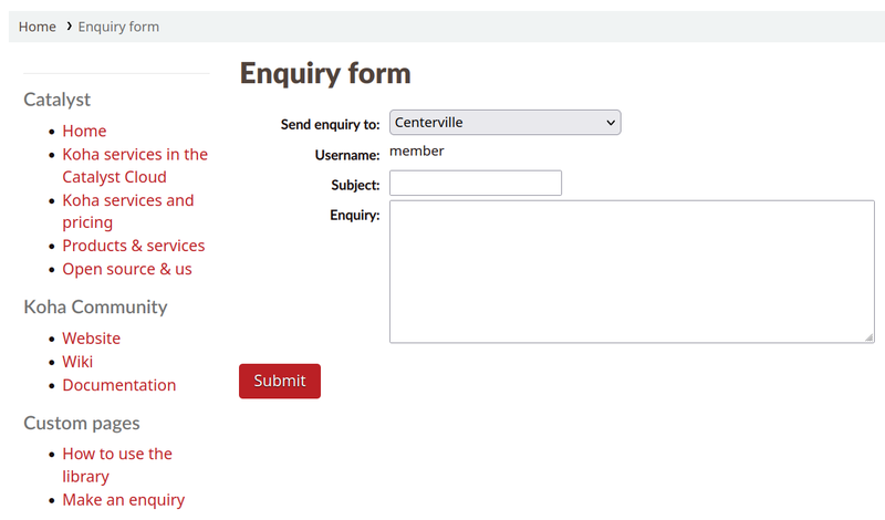 Example of an enquiry form embedded on the OPAC with a custom page
