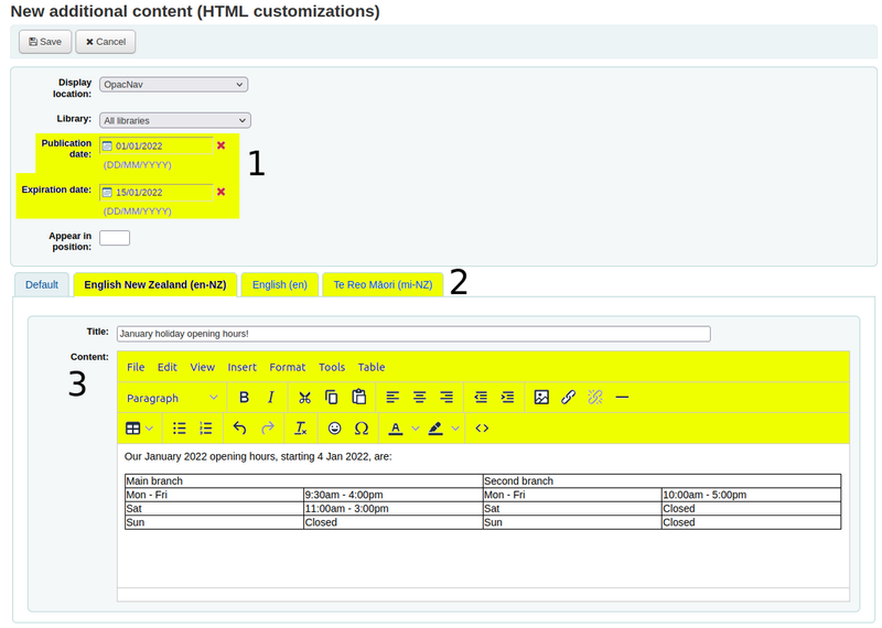 A screenshot of the additional content form, showing publication and expiration date functionality, sections to hold content in different languages, and a WYSIWYG editor for ease of editing.