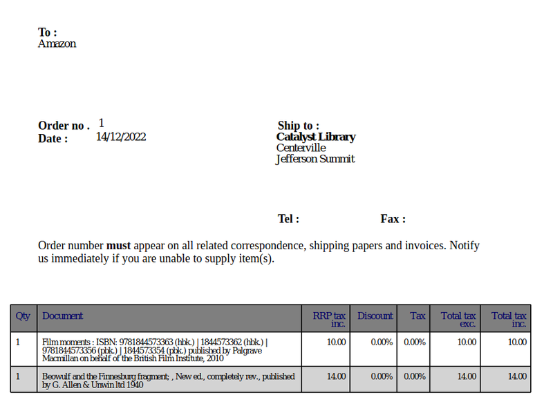 1 page PDF export of a basket showing library, vendor and order information