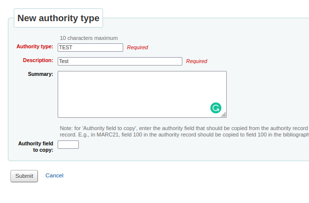 Creating a new authority type with the type code of ‘TEST’ and description of ‘Test’