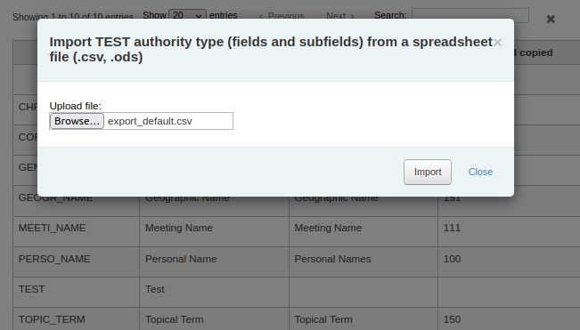 The import authority type pop-up where the export_default.csv has been selected for import into the TEST authority type.