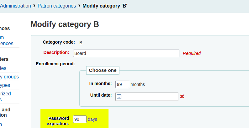 The patron category ‘Board’ has a value of 90 days in the highlighted yellow ‘Password expiration’ field.