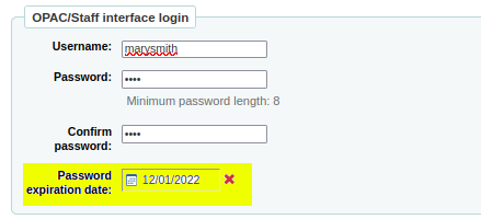 Setting a date of 12/01/2022 in the highlighted yellow ‘Password expiration date’ field for the patron marysmith