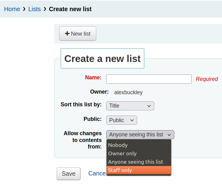 Creating a new public list the new ‘Staff only’ option is highlighted for the ‘Allow changes to contents from’ input