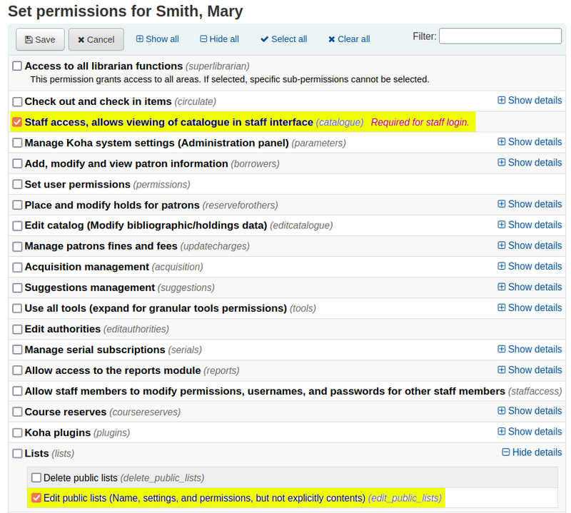 The ‘catalogue’ permission and ‘edit_public_lists’ sub-permission are enabled (and highlighted yellow in the patron permissions page) so this patron can edit the settings of existing public lists – enabling staff to edit their contents.