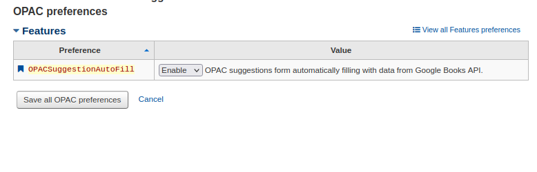The ‘OPACSuggestionAutoFill’ system preference is set to ‘Enable’