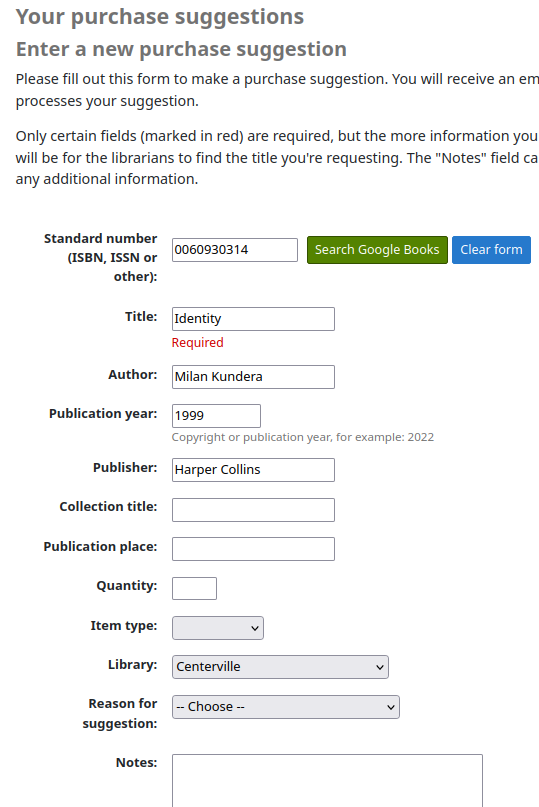 The purchase suggestion form has had the title, author, publication year and publisher fields pre-populated with values