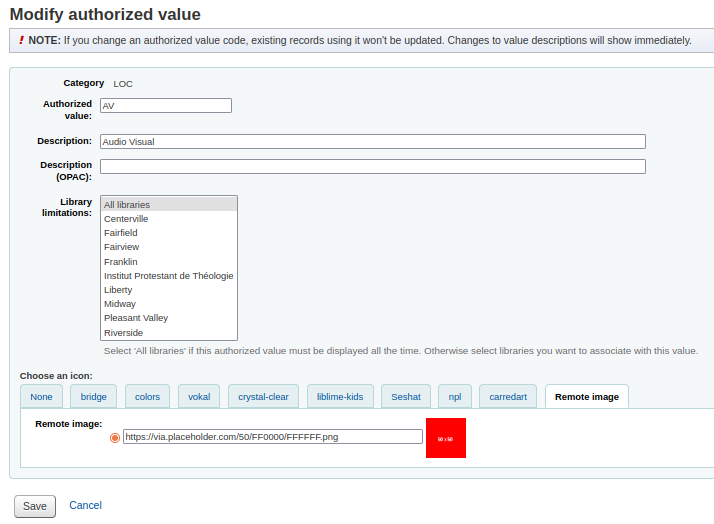 Modifying the ‘Audio visual’  authorised value, setting a link in the ‘Remote image’ tab which loads a red icon on the right hand side of the link input field.