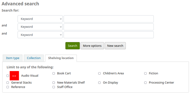 A red icon is displayed on the left hand side of the Audio visual’ shelving location on the OPAC advanced search page.