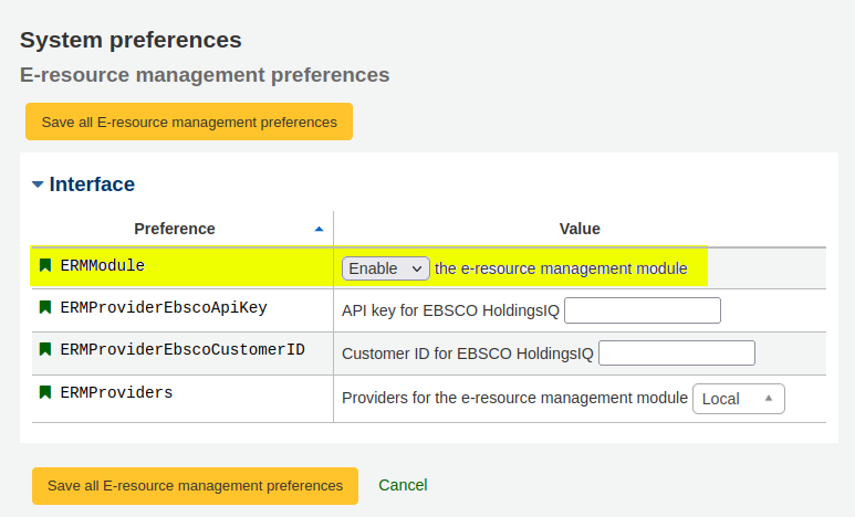 E-Resource management system preferences with the ERMModule system preference highlighted yellow and set to ‘Enable’