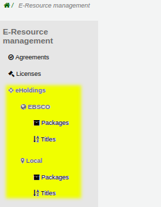 Left hand menu of the ERM module showing EBSCO and Local eHoldings links highlighted yellow.