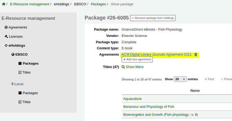 EBSCO package with the ‘ACM Digital Library Journals Agreement 2021’ agreement linked and highlighted yellow.