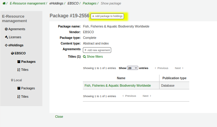 EBSCO package page for a package the library is not subscribed to. The ‘Add package to holdings’ button is highlighted yellow, clicking it will subscribe the library to this package.