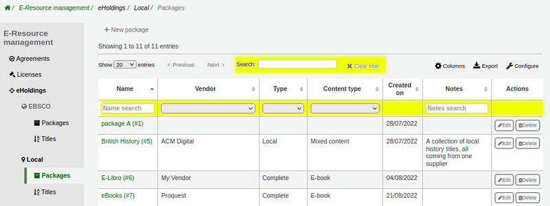 Local packages page showing a table of local packages in the Koha database. To narrow down which local packages are displayed the search bar and column filters in the second row of the table can be used and are both highlighted yellow.
