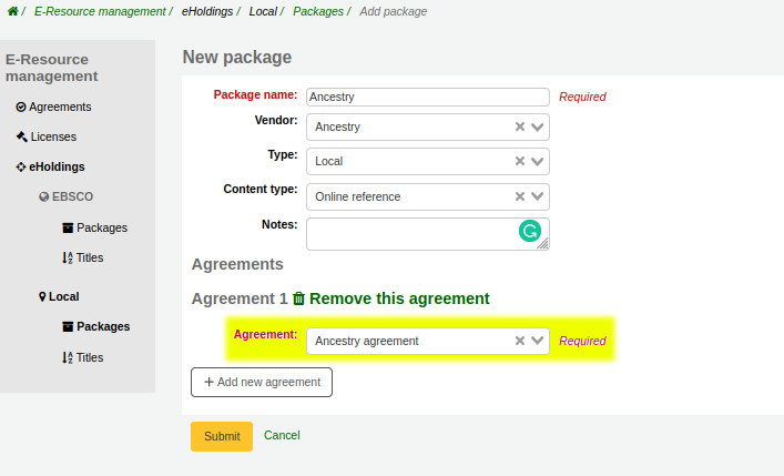 Form for creating a local package – the agreement dropdown is highlighted yellow with the ‘Ancestry agreement’ selected.