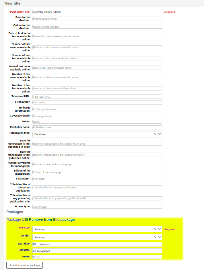Form for creating a local title - the publication title field has ‘Ancestry Library Edition’. The Package area is highlighted yellow and has the ‘Ancestry’ local package selected.