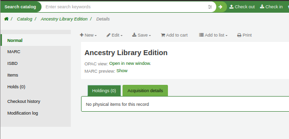 ‘Ancestry Library Edition’ Koha bibliographic record automatically created when creating a local eHoldings title.